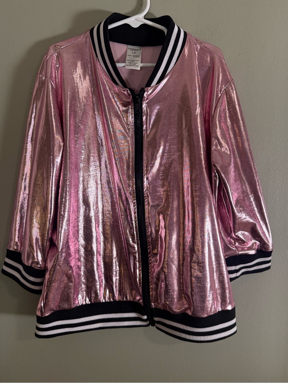 Weissman Girls LC Pink Metallic Bomber Jacket Holographic Dance Cheer Zip Up